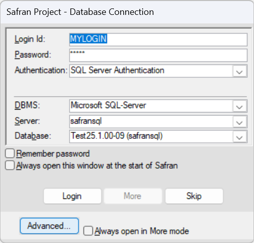 Database connection window showing the Advanced button