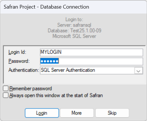 Database connection window for Safran Project with the More button available