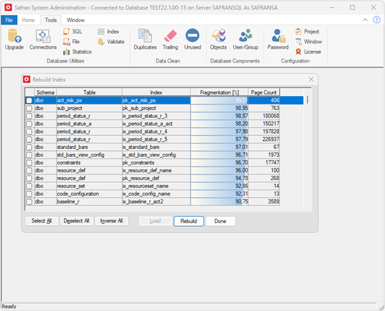 Safran Admin Tools Database Rebuild Indexes