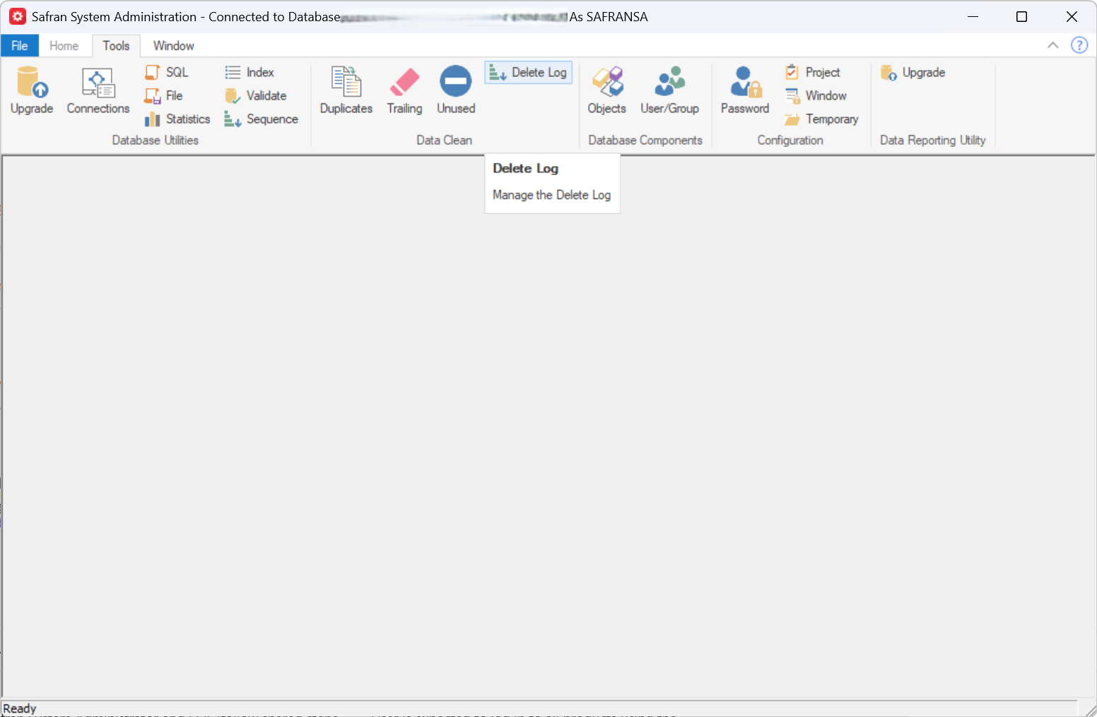 Safran System Administration interface displaying database management options and delete log feature.