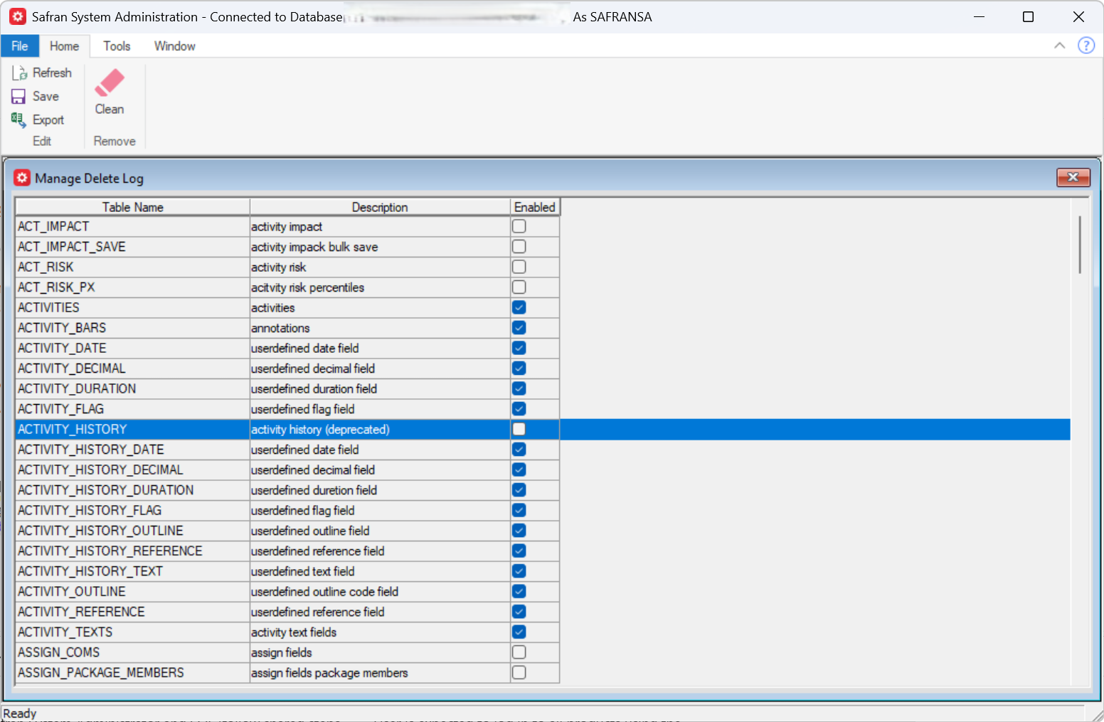 Database management interface showing how to configure the delete log feature.