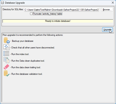 Safran Admin Tools Start Database Upgrade