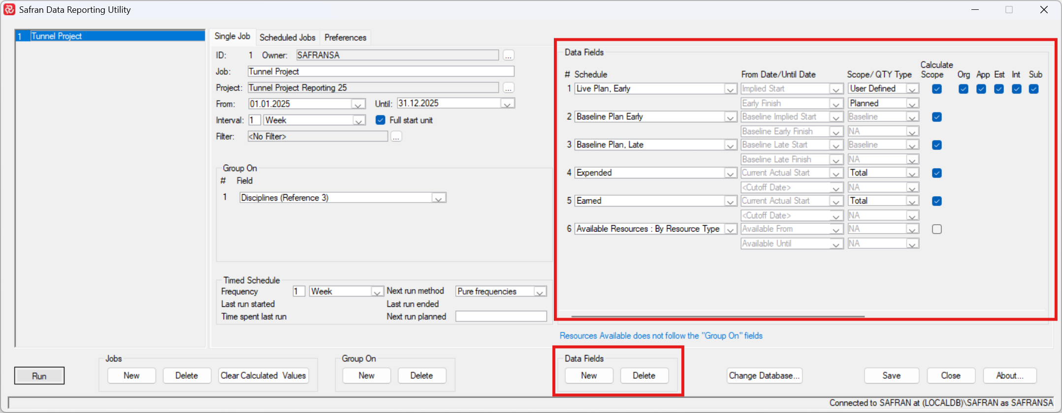 Data reporting utility interface showing job preferences and dataset options for scheduling.