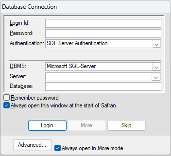 Database connection window with fields for login credentials and options for authentication.