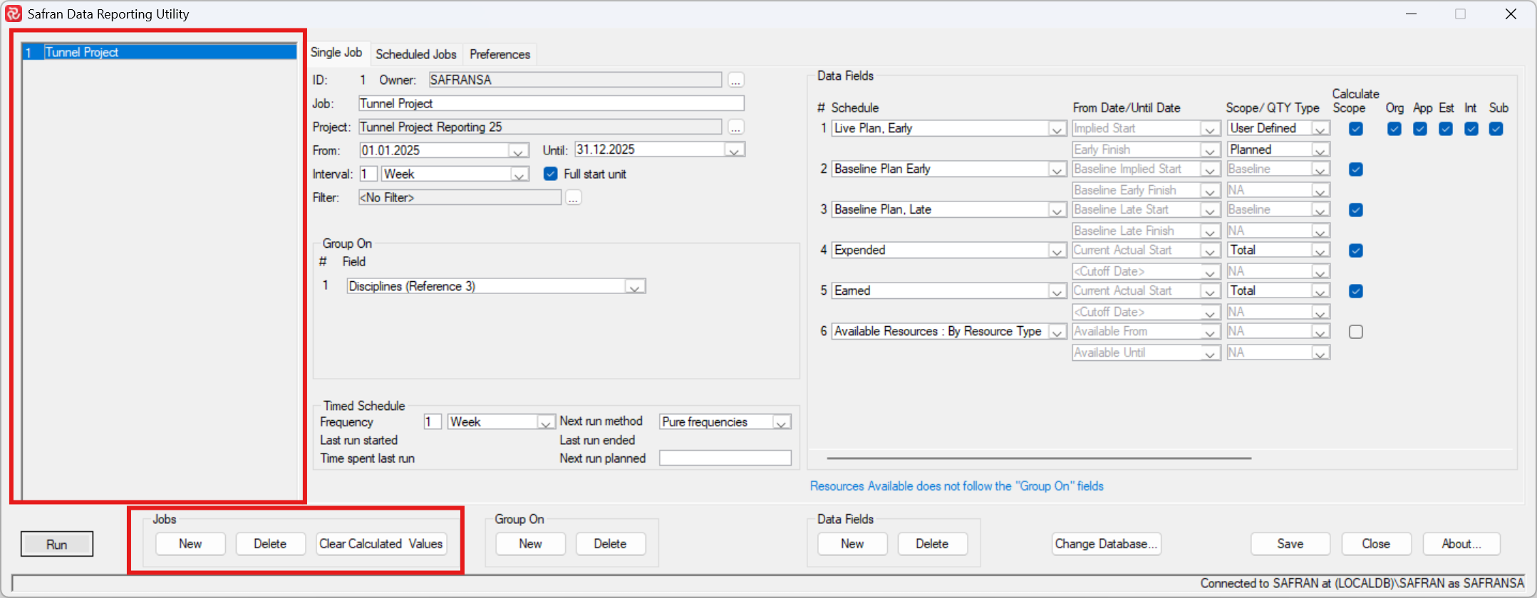 Data reporting utility interface showing job scheduling and preferences options.