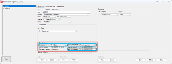 Data reporting utility interface showing scheduled job preferences and frequency settings.