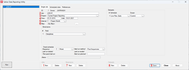 Data reporting utility interface showing job details and scheduling options.