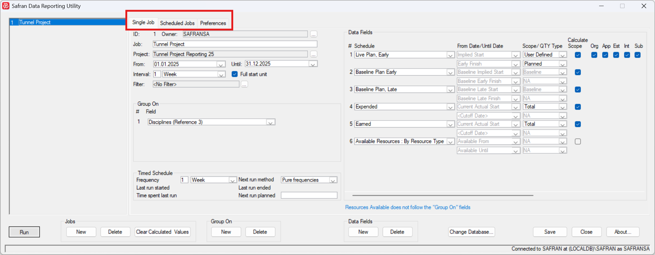 User interface of the Safran Data Reporting Utility with job scheduling options displayed.