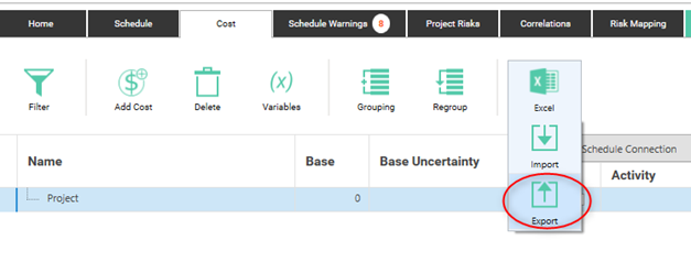 Cost export option to Excel. Exporting an empty cost model will provide a Cost Import Template that can be used to add costs to be imported.