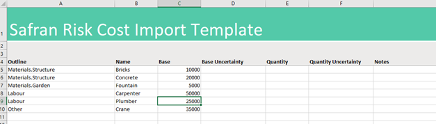 Example of the Safran Risk cost Import template.