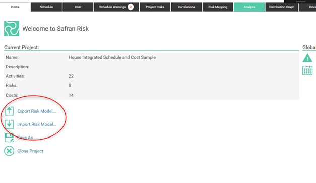 Safran Risk interface showing project details and options to export or import risk models.