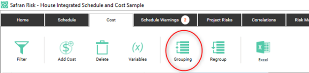 Safran Risk interface showing project grouping option used to add an outline structure
