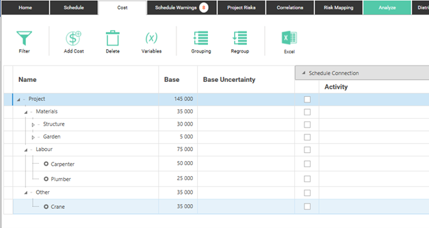Example of costs added from a template to Safran Risk.