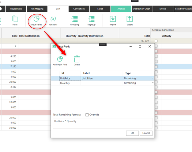 Input fields for unit price and quantity in data analysis software interface.