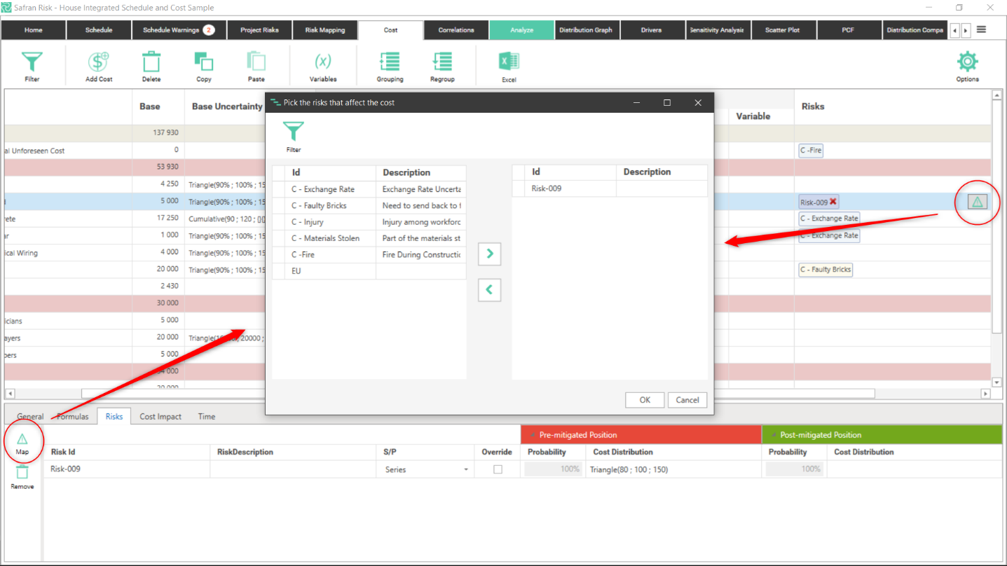 Analysis of project risks affecting costs with highlighted exchange rate and risk mapping.