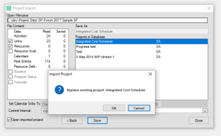 Import project dialog showing the option to replace an existing project schedule.