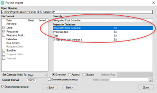 The project import window shows the various project attributes that can be part of the import.