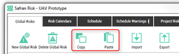 The Safran Risk interface shows options for copying and pasting global risks.