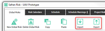 Safran Risk interface showing import and export options for managing global risks.