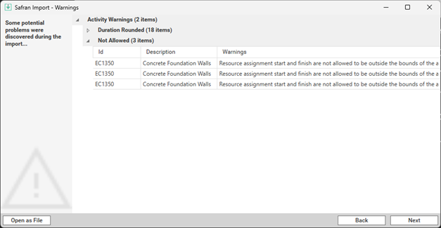 Warnings related to activity assignments and duration issues in Safran Import software.