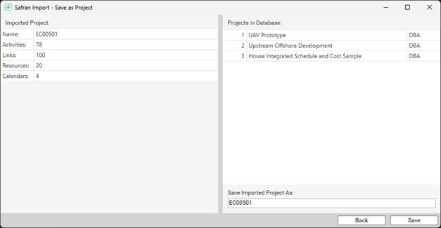 The Safran Risk Import interface shows project details and options for saving a project to the database.