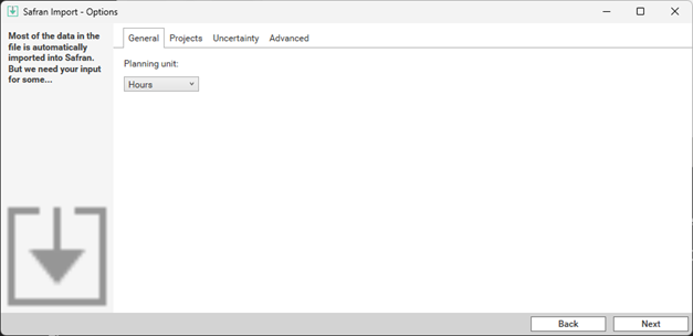 The Safran Risk Import wizard is used to configure the import options settings.