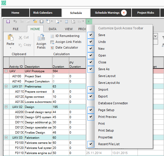 A list shows the available menu items for the Quick Access Toolbar.