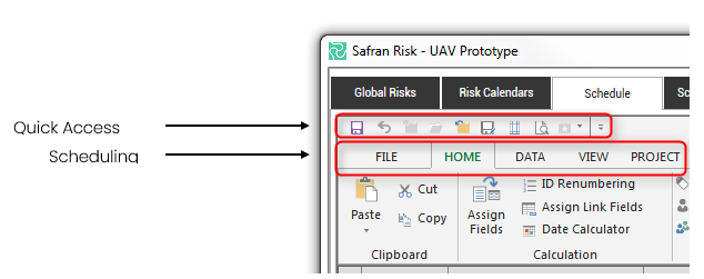 Interface of Safran Risk software showing the quick access toolbar and the the ribbon menu.