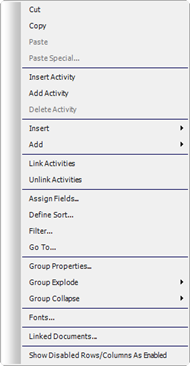 Menu options for editing activities, including cut, copy, and insert activities.
