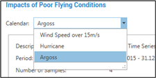 The dropdown menu shows different time series calendars that could impact poor flying conditions.