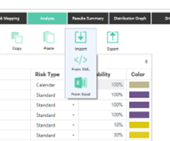 Import option highlighted in analysis section for risk type data management.