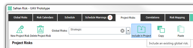 The Safran Risk interface shows project risk options and the option to include an existing global risk.