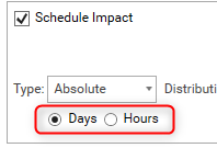 Settings for schedule impact with options for absolute days or hours selection.