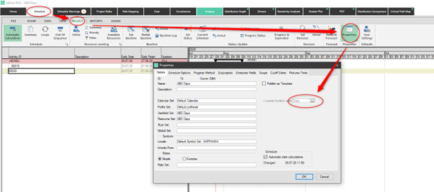 User interface showing scheduling options and properties for project management.