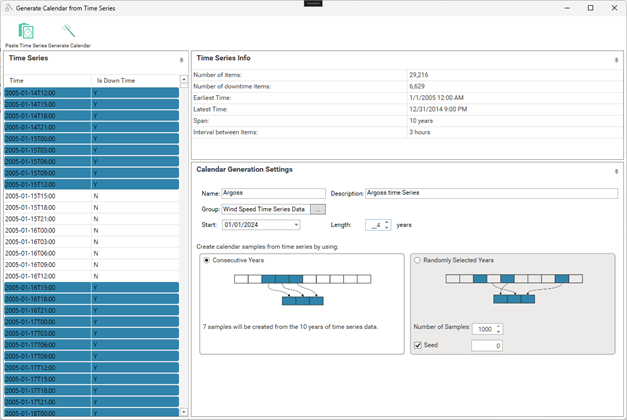 Settings for generating a calendar from wind speed time series data displayed on screen.