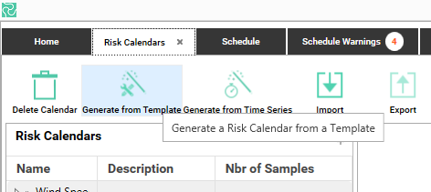 Interface showing options to generate a Risk Calendar from a template or time series.