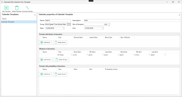 Calendar template properties including periods of downtime and probability of downtime.