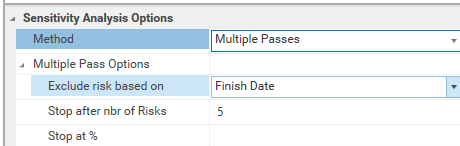 Sensitivity analysis options showing multiple passes and risk exclusion based on finish date.