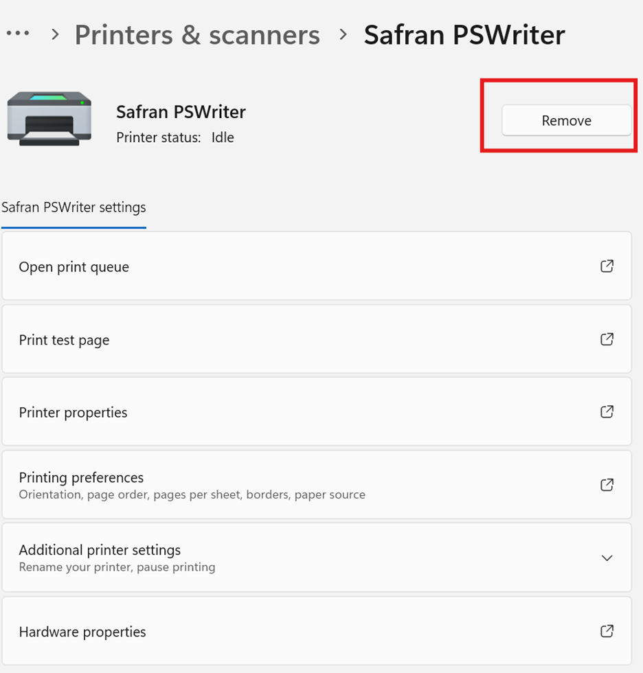 Printer settings for Safran PSWriter, including options to remove and manage printing tasks.