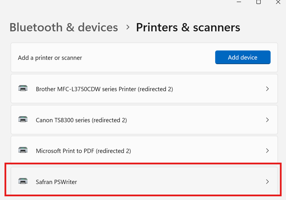 List of printers and scanners with Safran PSWriter highlighted for selection.