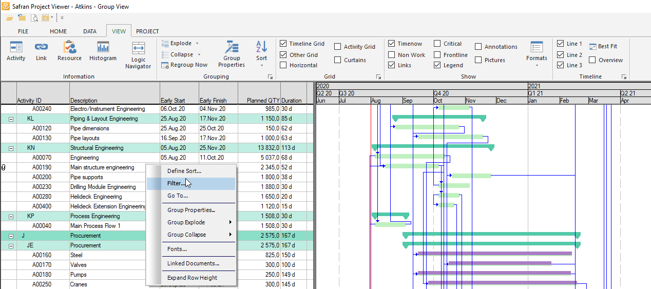 Examples of the shortcut menues in Safran Project Viewer