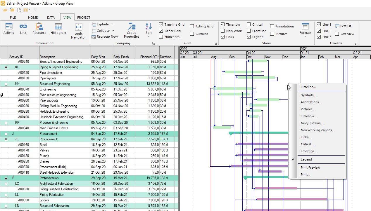 Examples of the shortcut menues in Safran Project Viewer