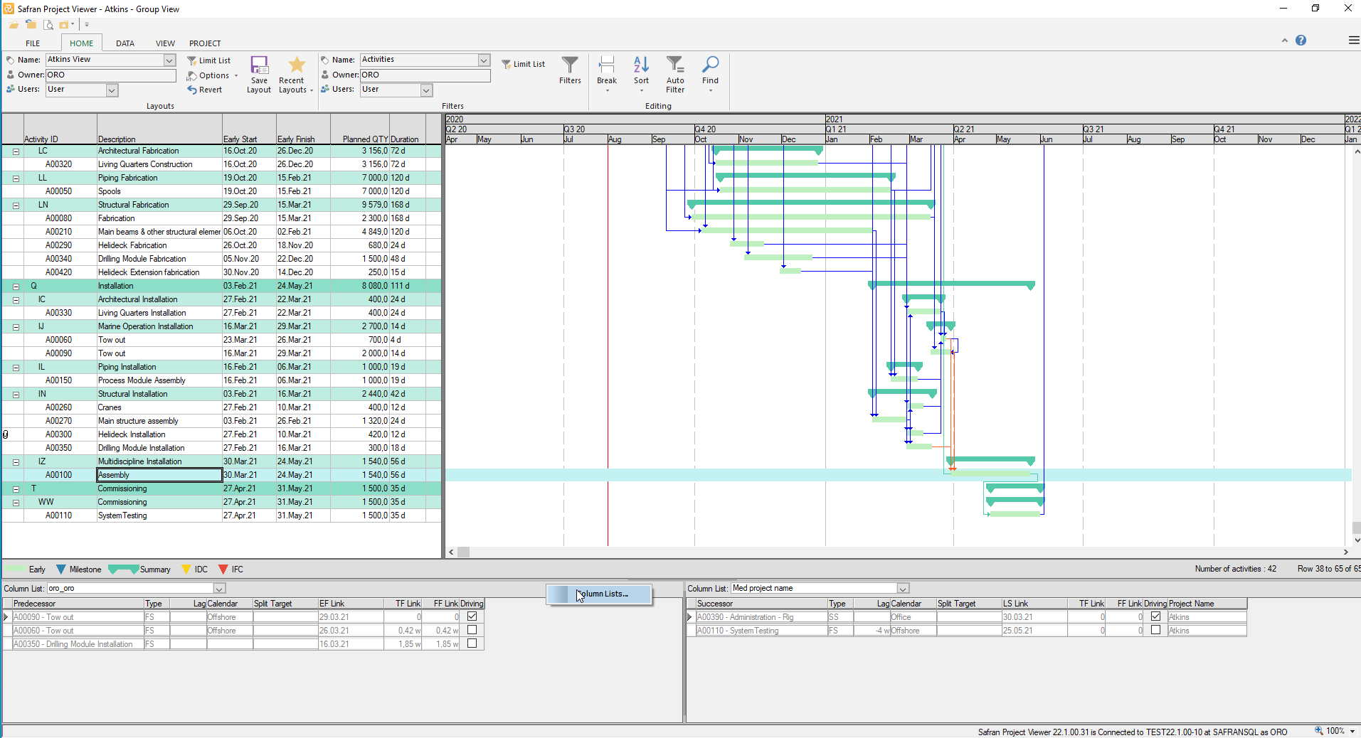 Viewer Barchart Editor Short Cut Link Information Column List