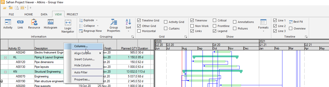 Examples of the shortcut menues in Safran Project Viewer