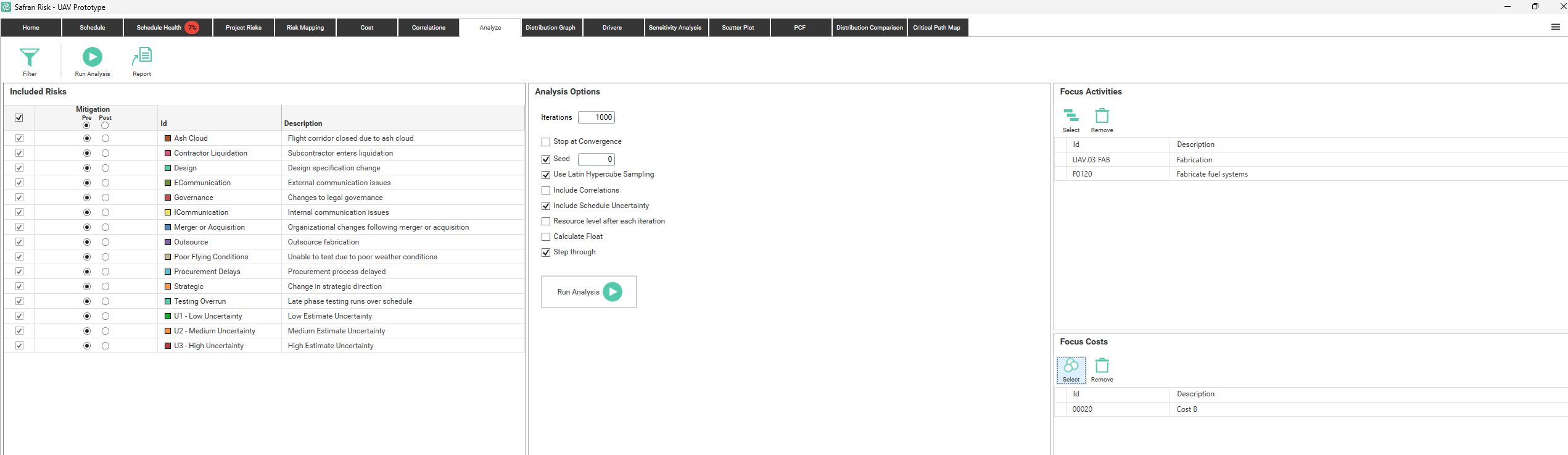 Configuration of analysis options for the Safran Risk Analysis.