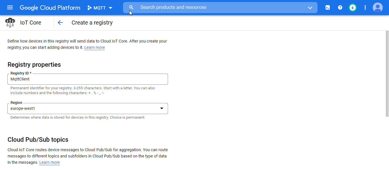 Figure 49- Registry creation panel