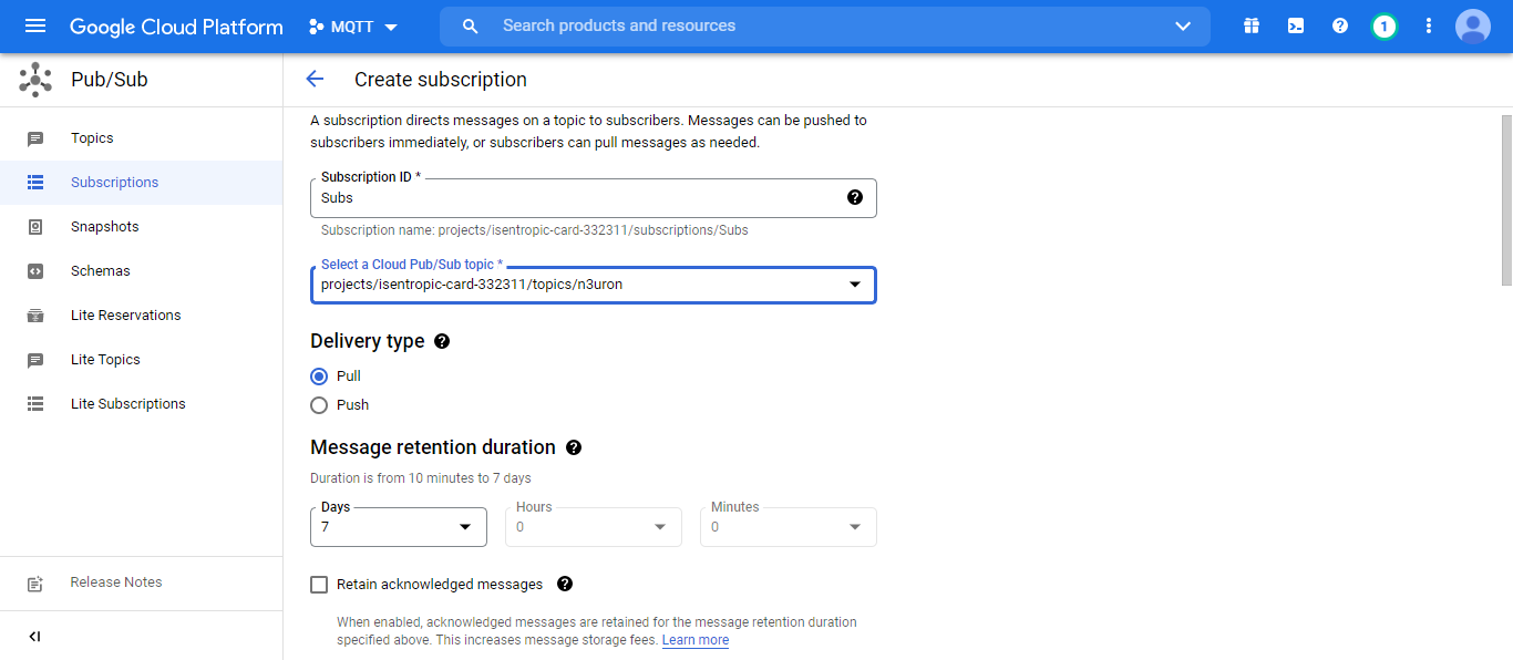 Figure 66- Create subscription panel in the Google Cloud Platform