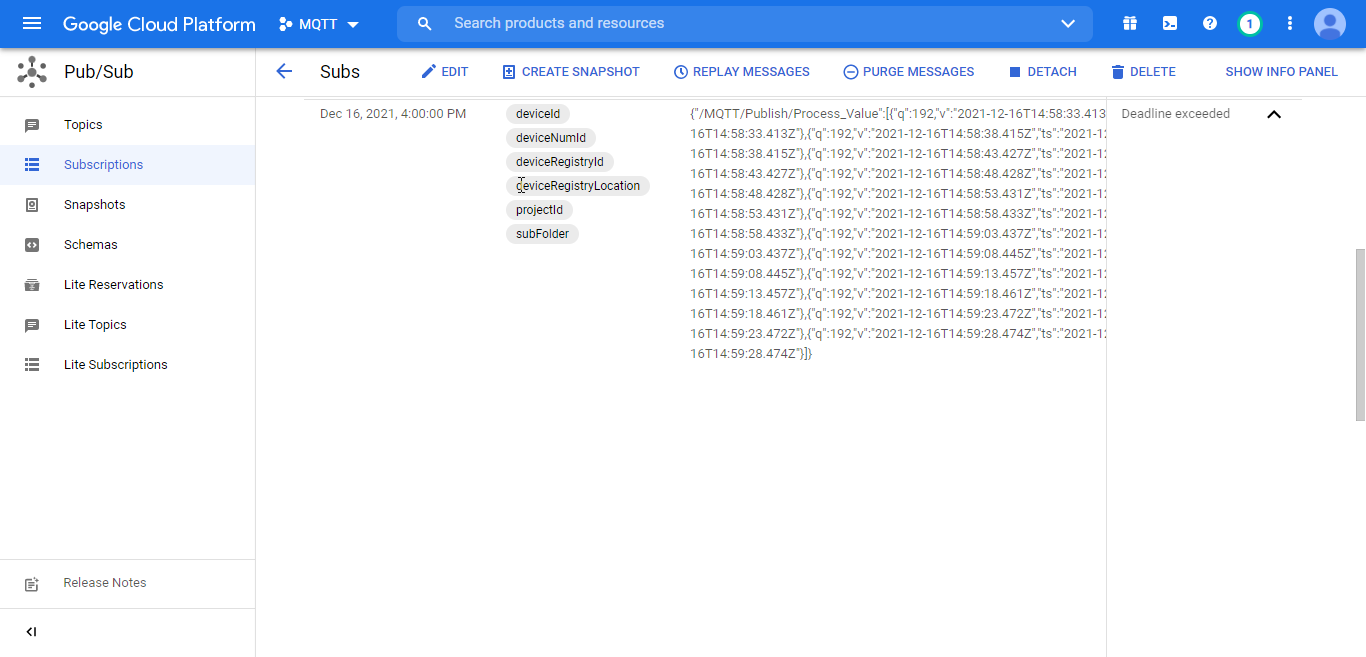 Figure 67- Published messages once subscribed to the topic in the Google cloud platform