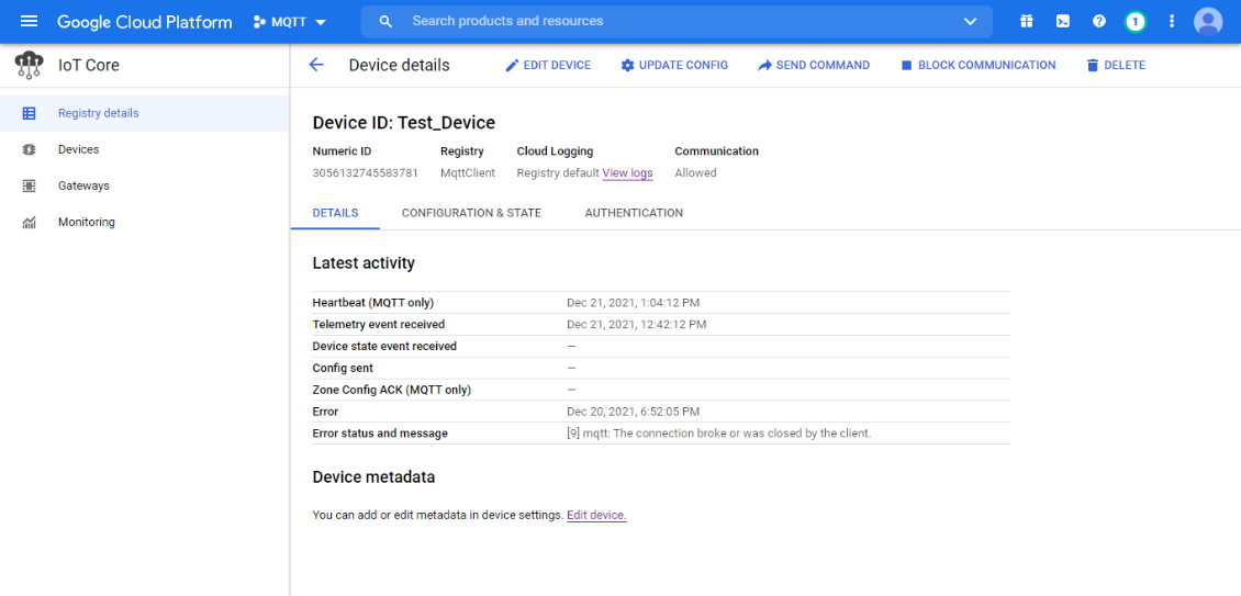 Figure 71- Publication configuration in the Google Cloud Platform