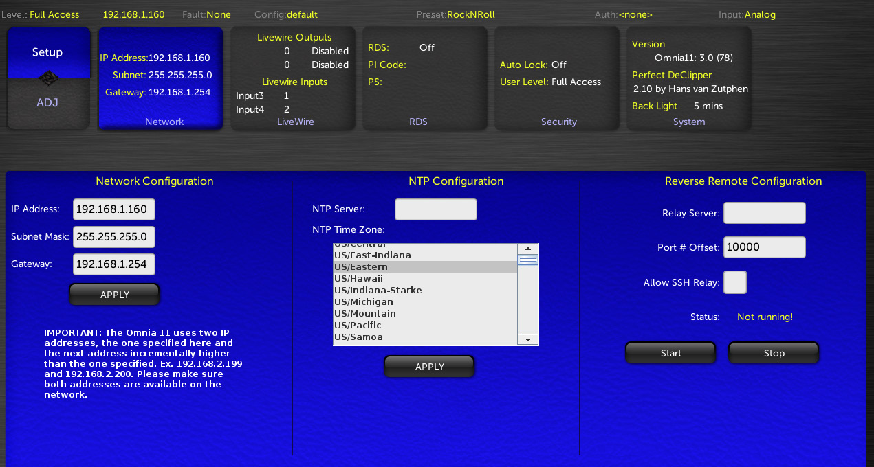 Blue network configuration UI showing fields for IP Address, Subnet Mask, Gateway on the left; NTP Configuration in the center with NTP Server and time zone list; Reverse Remote Configuration on the right with Relay Server, Port # Offset and Start/Stop buttons.